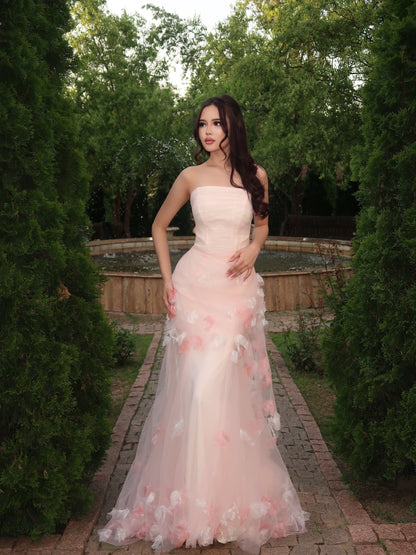Strapless 3D Floral Tulle Mermaid Prom Gown