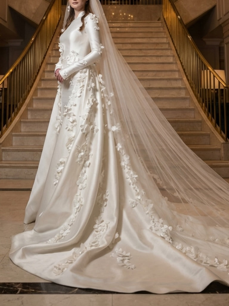 High Neck Satin A-Line Wedding Dress with 3D Flowers