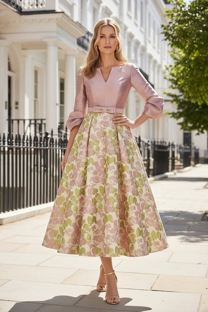 A-Line Tea-Length Dress with Floral Jacquard Skirt