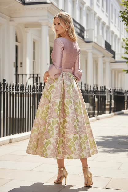 A-Line Tea-Length Dress with Floral Jacquard Skirt
