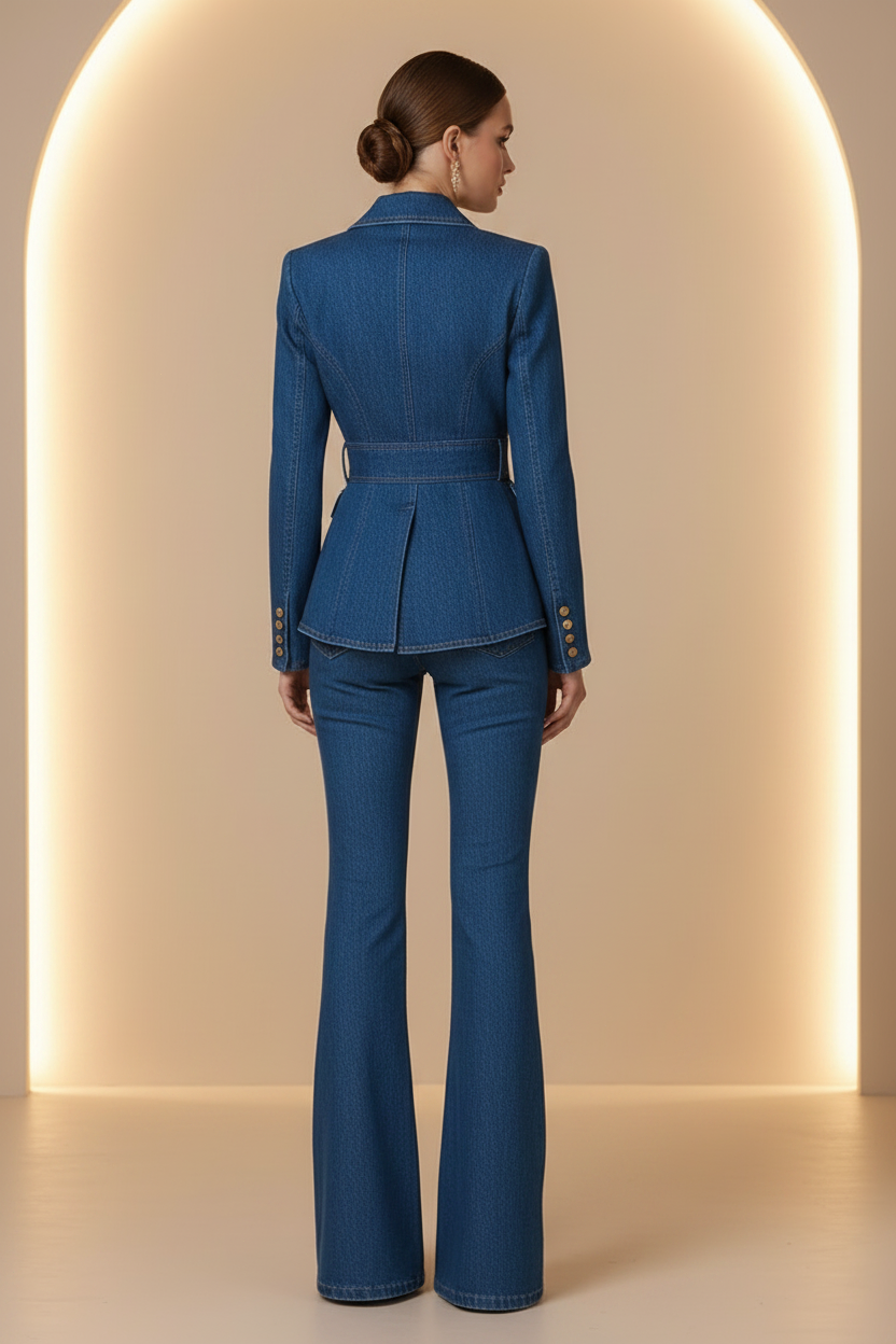 Denim Blazer & Flare Pants Two-Piece Suit