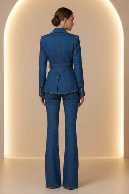Denim Blazer & Flare Pants Two-Piece Suit