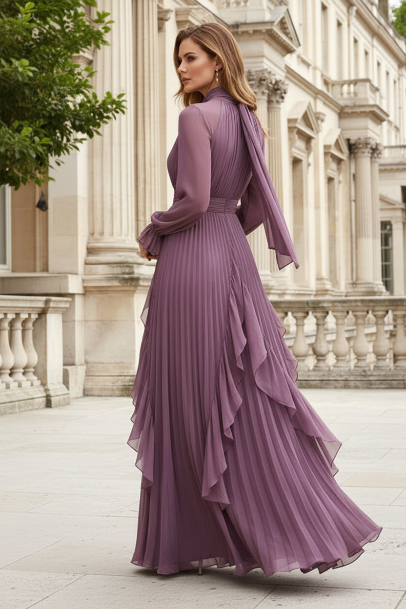 Pleated Tie-Neck Maxi Dress with Long Sleeves