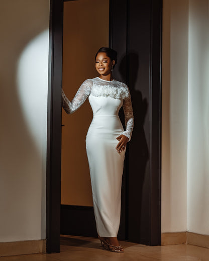 Ruffled Lace Long Sleeve Sheath Wedding Dress