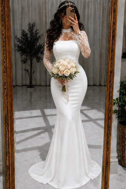 High Neck Lace Long Sleeve Mermaid Wedding Dress