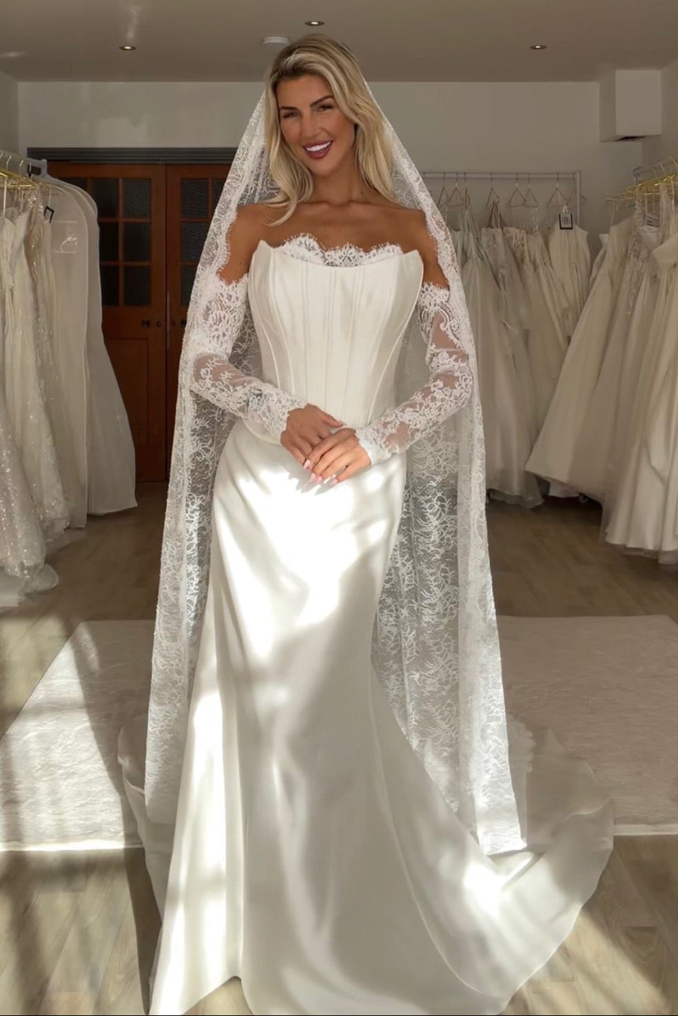 Corset Satin Wedding Dress with Lace Sleeves