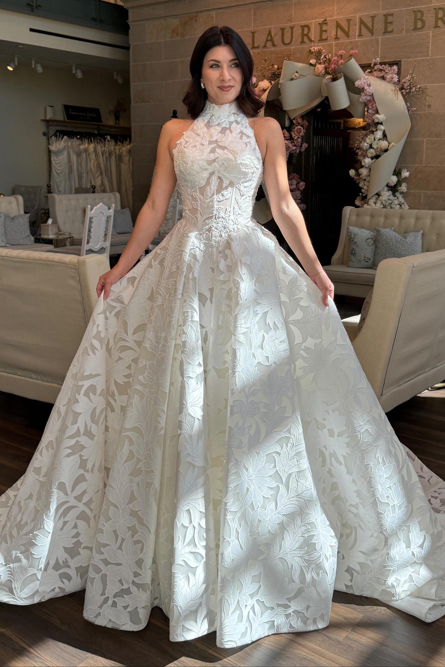 High Neck Halter Jacquard Ball Gown Wedding Dress