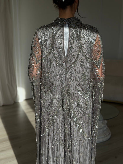 Beaded High Neck Cape Sleeve Evening Gown