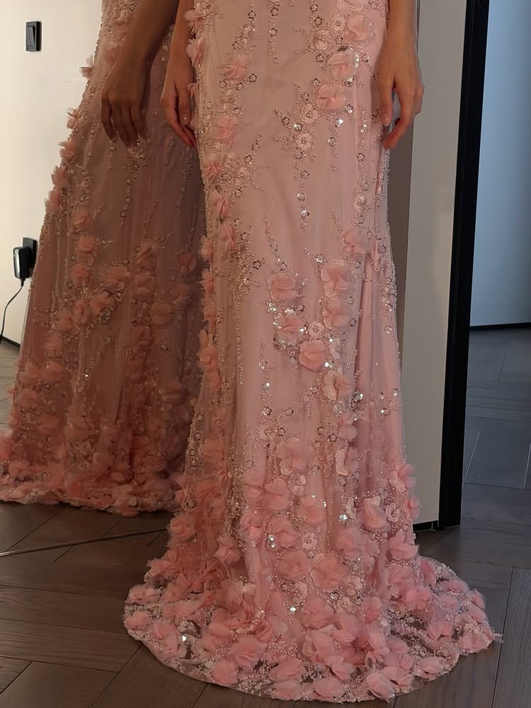 3D Floral Sequin Gown with Puff Sleeves