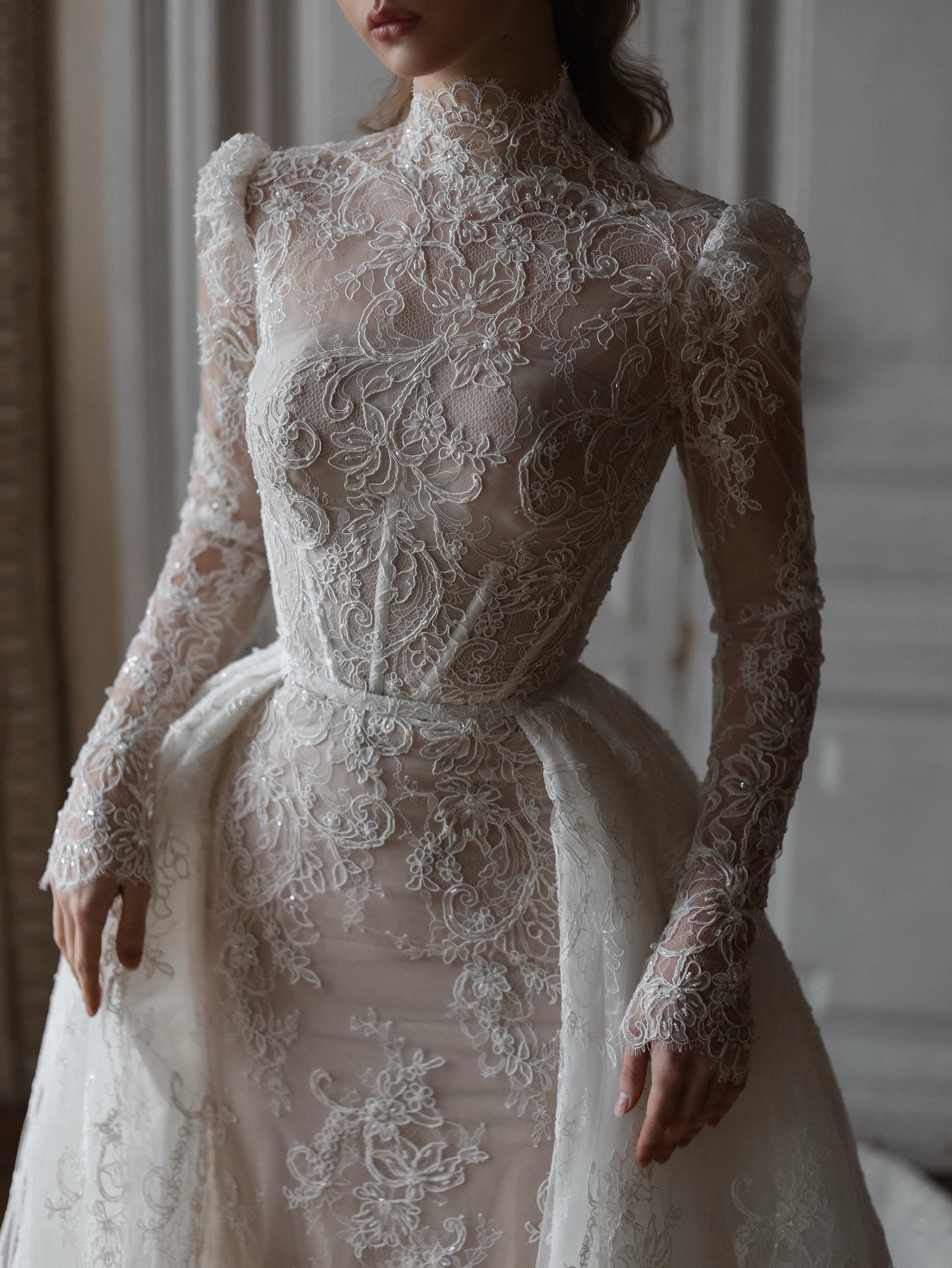 High Neck Lace Wedding Dress with Overskirt