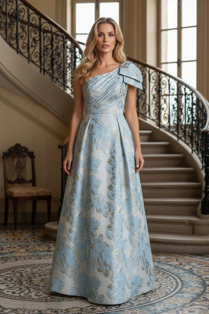 One-Shoulder Floral Jacquard A-Line Evening Gown