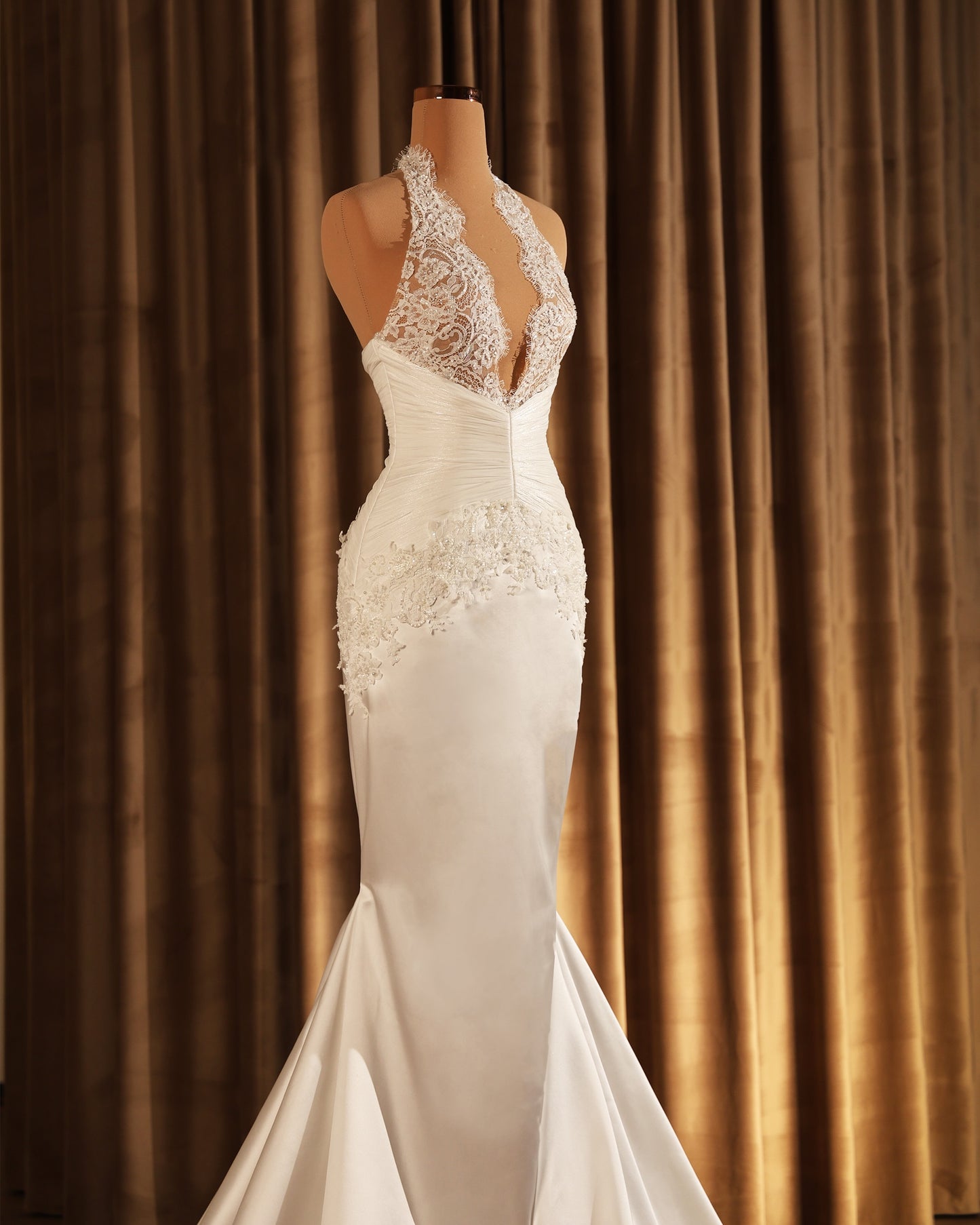 Halter Deep V-Neck Mermaid Wedding Dress with Lace