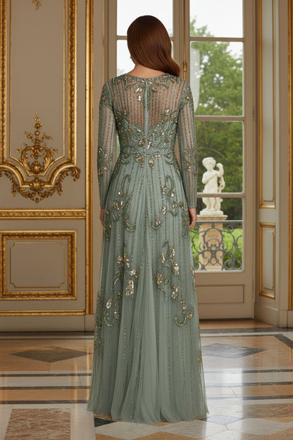 Beaded Illusion Long Sleeve A-Line Evening Gown