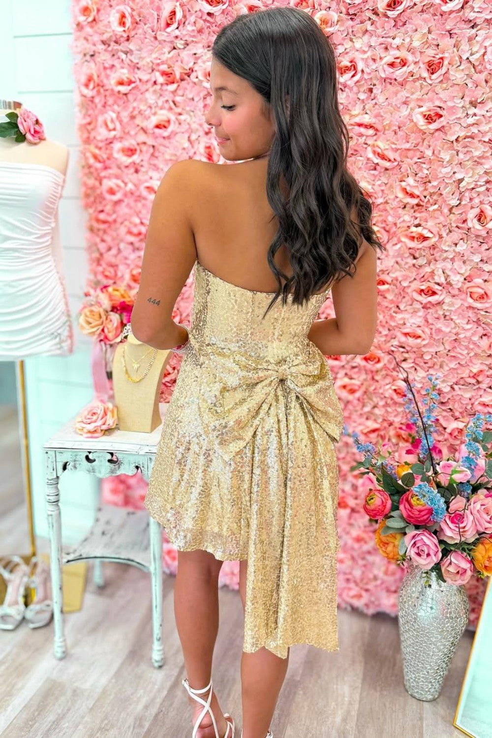 Strapless Sequin A-Line Homecoming Dress with Back Bow