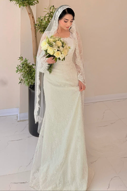 Square Neck Lace Long Sleeve Wedding Dress