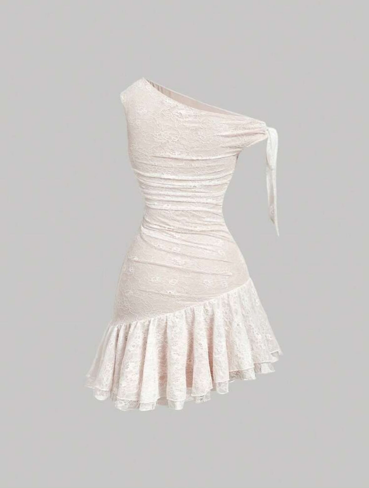 One-Shoulder Ruched Lace Mini Dress with Ruffles