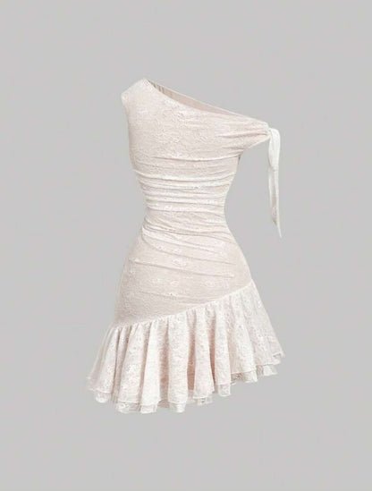 One-Shoulder Ruched Lace Mini Dress with Ruffles