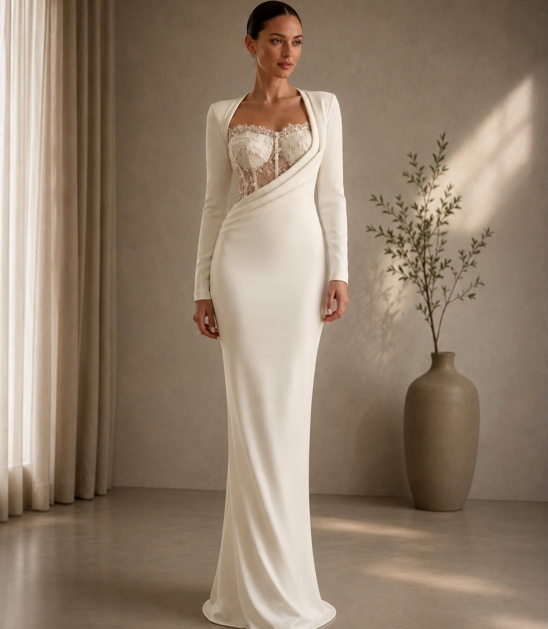 Asymmetrical Long Sleeve Corset Evening Gown