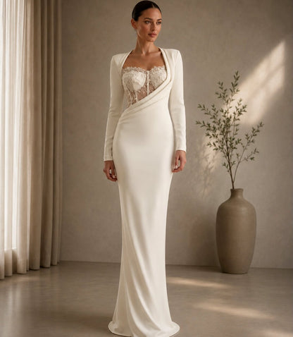 Asymmetrical Long Sleeve Corset Evening Gown