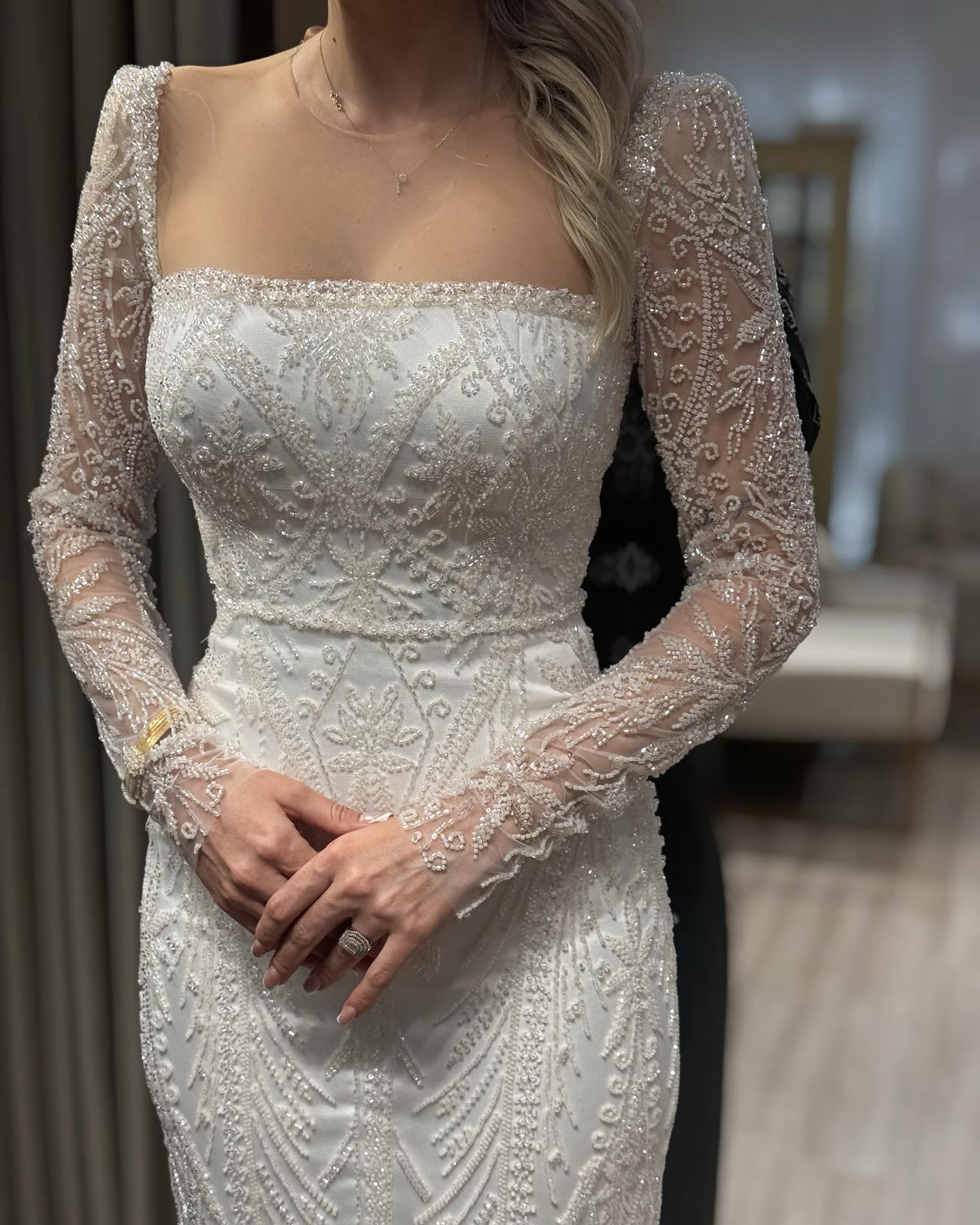 Square Neck Beaded Long Sleeve Column Gown