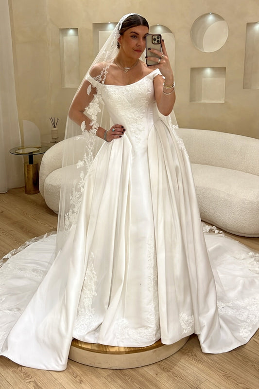 Off-the-Shoulder Satin Ball Gown Wedding Dress