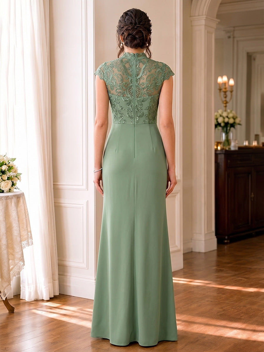 Illusion High Neck Lace Evening Gown with Slit