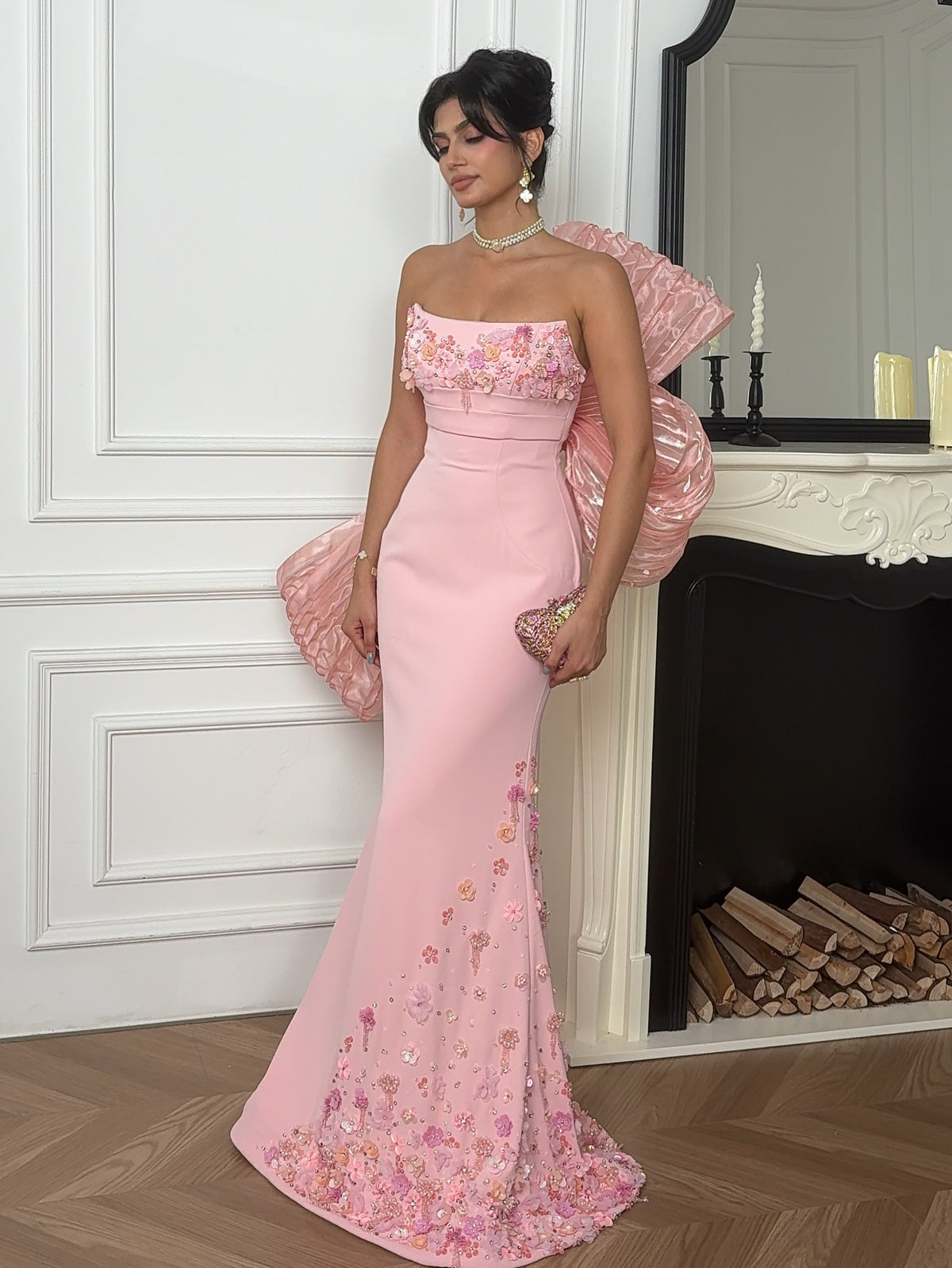 Strapless Floral Applique Gown with Statement Back