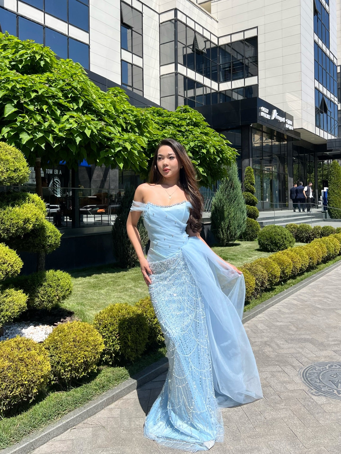 Off-the-Shoulder Beaded Corset Gown with Side Drape
