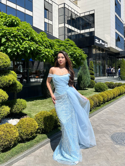 Off-the-Shoulder Beaded Corset Gown with Side Drape