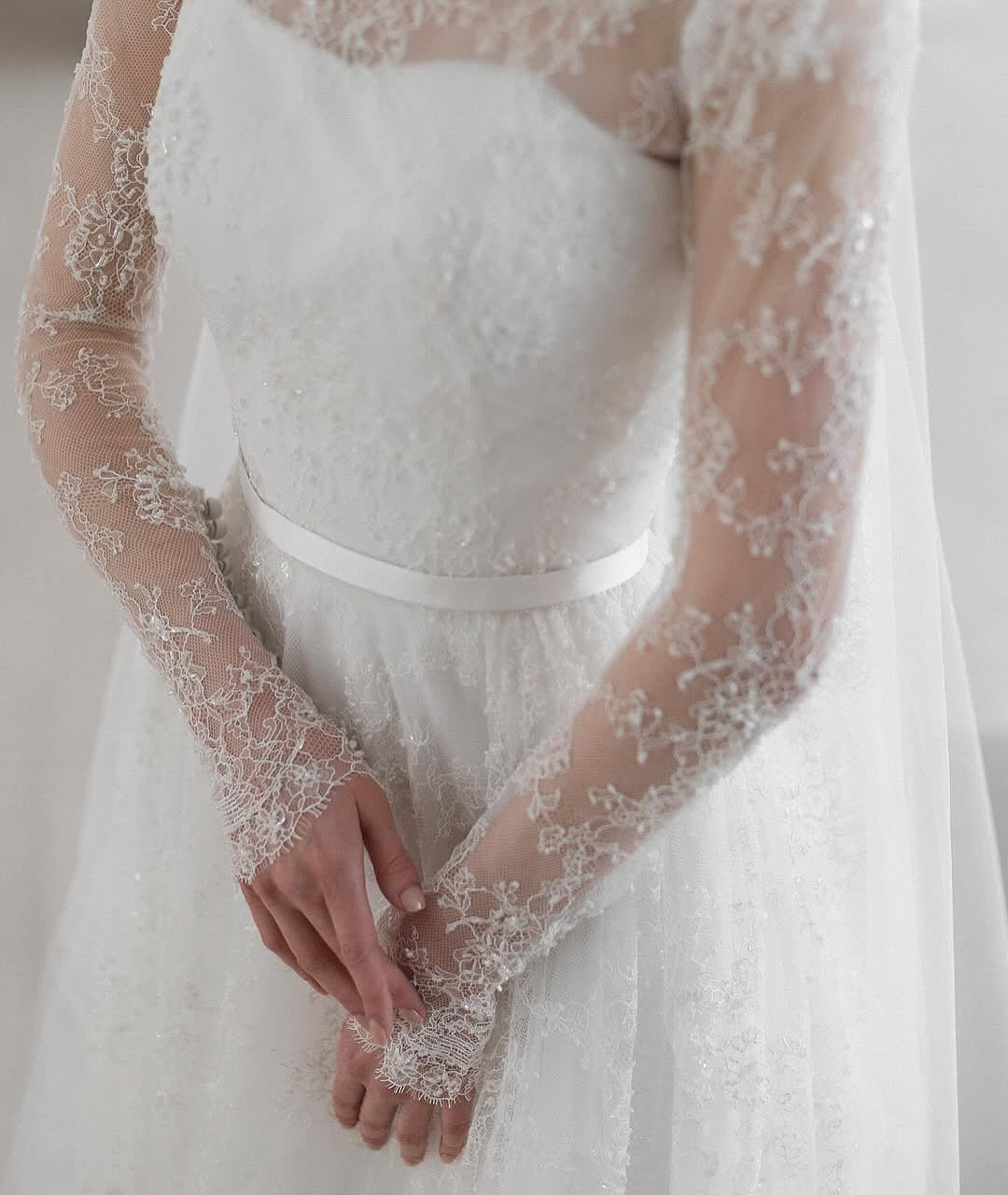 High Neck Lace Sleeve A-Line Wedding Dress