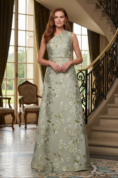 One Shoulder Floral Jacquard A-Line Evening Gown