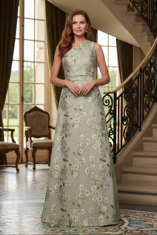 One Shoulder Floral Jacquard A-Line Evening Gown