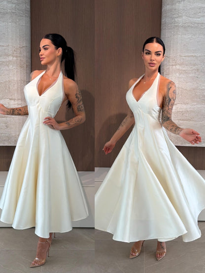 Halter V-Neck Satin A-Line Midi Dress