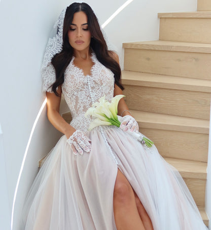 Lace Bodice Tulle Wedding Dress with Train