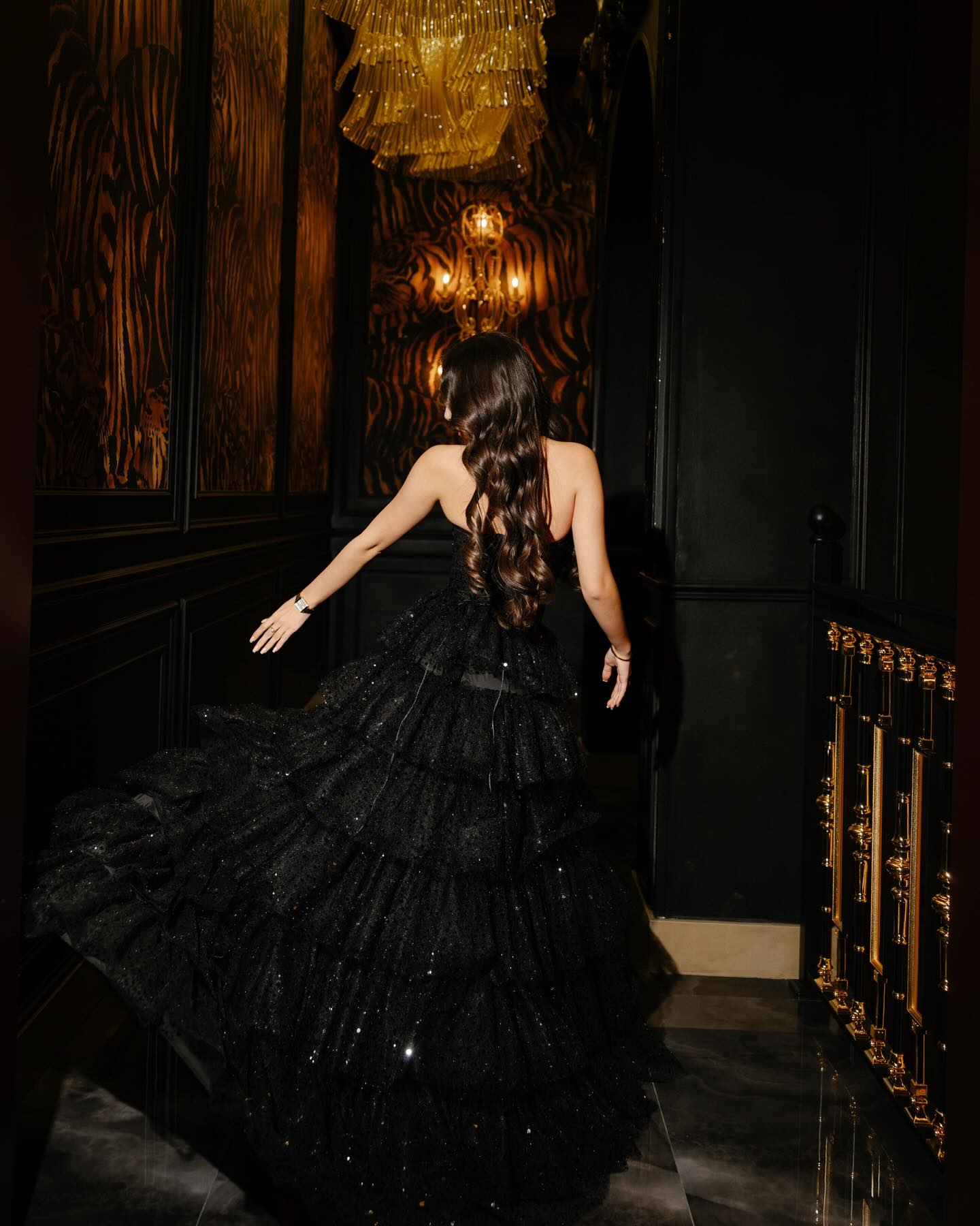 Tiered Tulle Glitter Corset Gown with High Slit