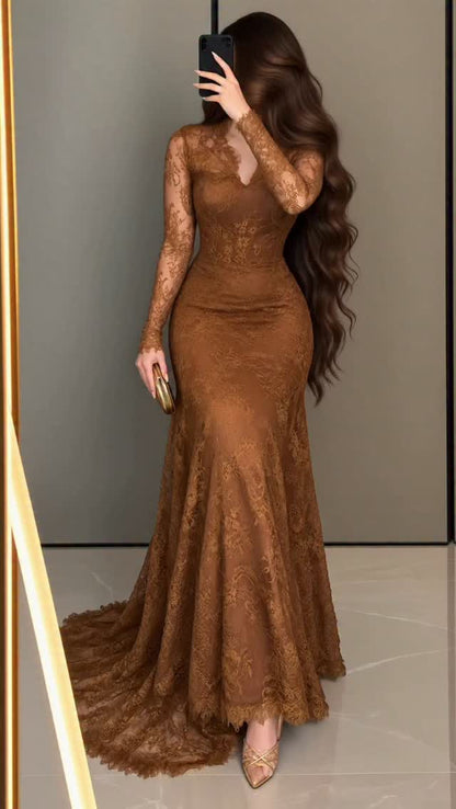 Lace Long-Sleeve Mermaid Evening Gown with Train