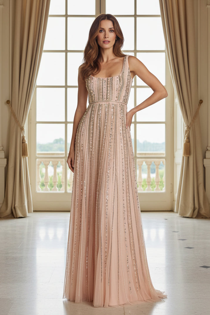 Beaded Scoop Neck Sleeveless A-Line Gown