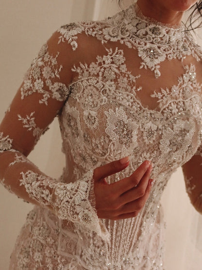 Beaded Lace High Neck Wedding Dress with Overskirt