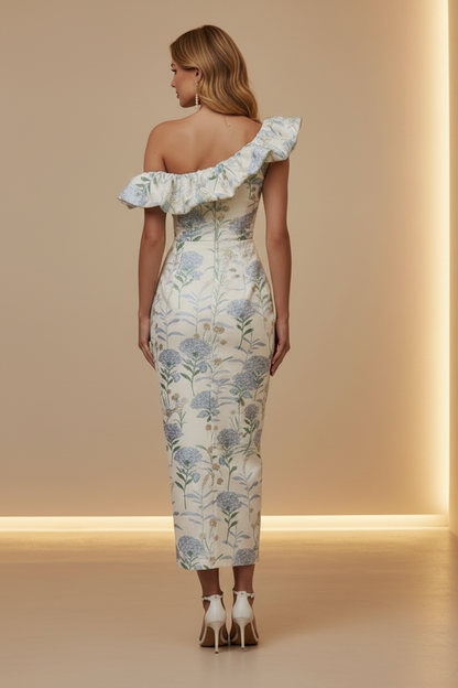 One-Shoulder Ruffle Floral Jacquard Midi Dress