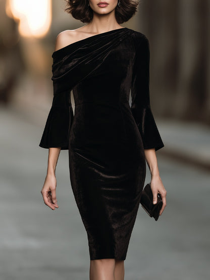 One-Shoulder Velvet Sheath Dress with Bell Sleeves