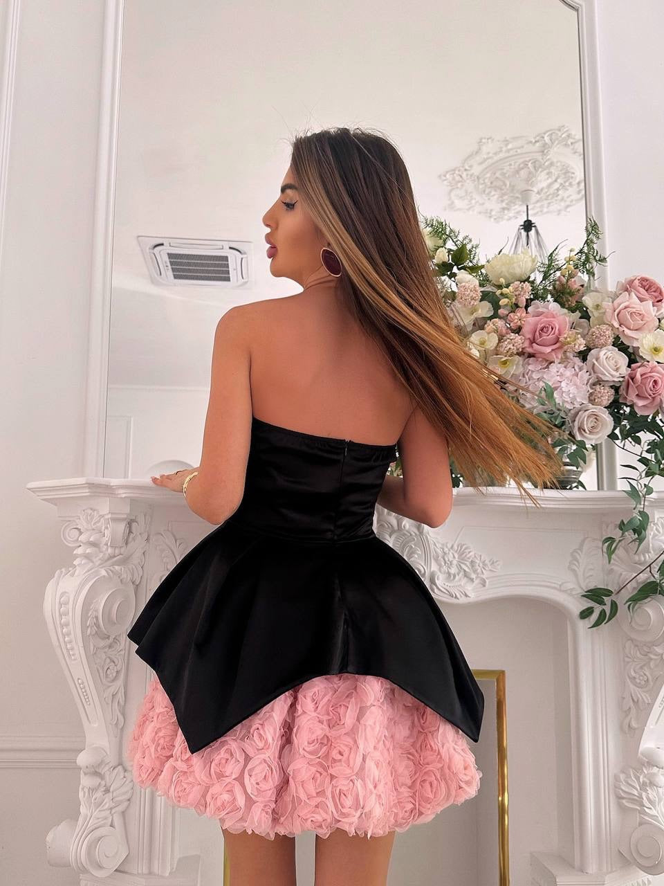 Strapless Peplum Mini Dress with 3D Flowers