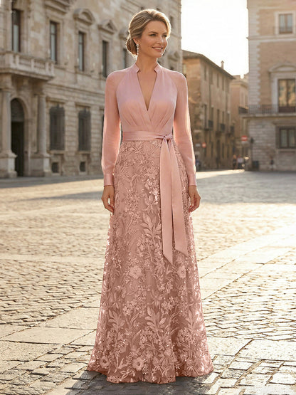 Elegant Pleated V-Neck Long Sleeve A-Line Gown