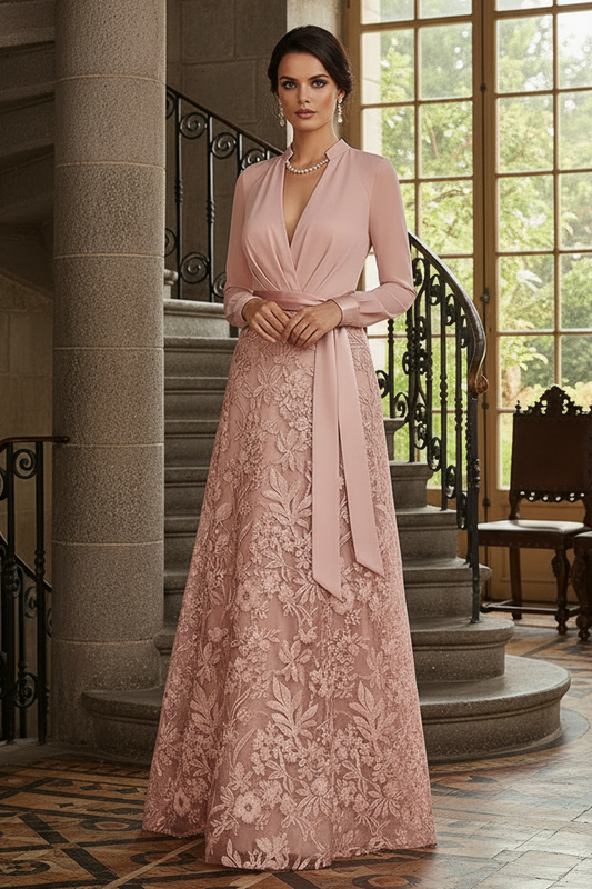 Elegant Pleated V-Neck Long Sleeve A-Line Gown