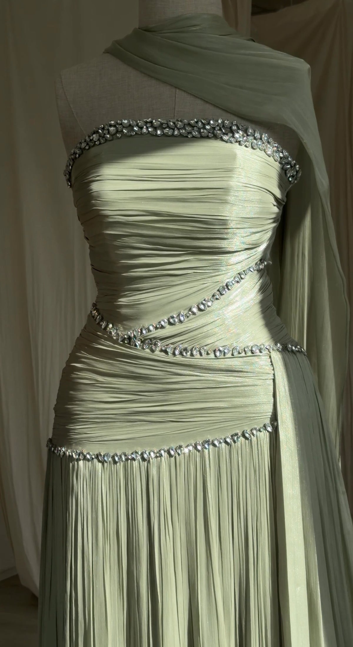 Ruched Column Gown with Draped Cape and Crystal Trim