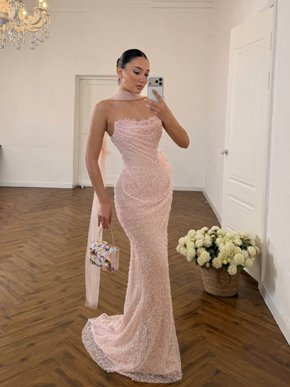 Strapless Beaded Column Evening Gown with Scarf