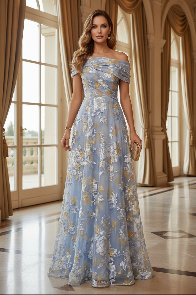 Floral Jacquard Off-the-Shoulder A-Line Gown