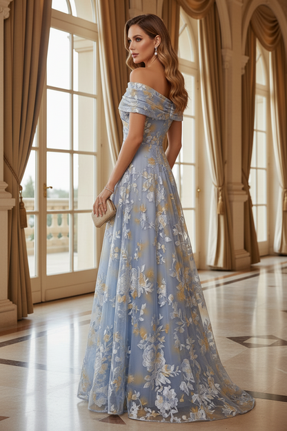 Floral Jacquard Off-the-Shoulder A-Line Gown