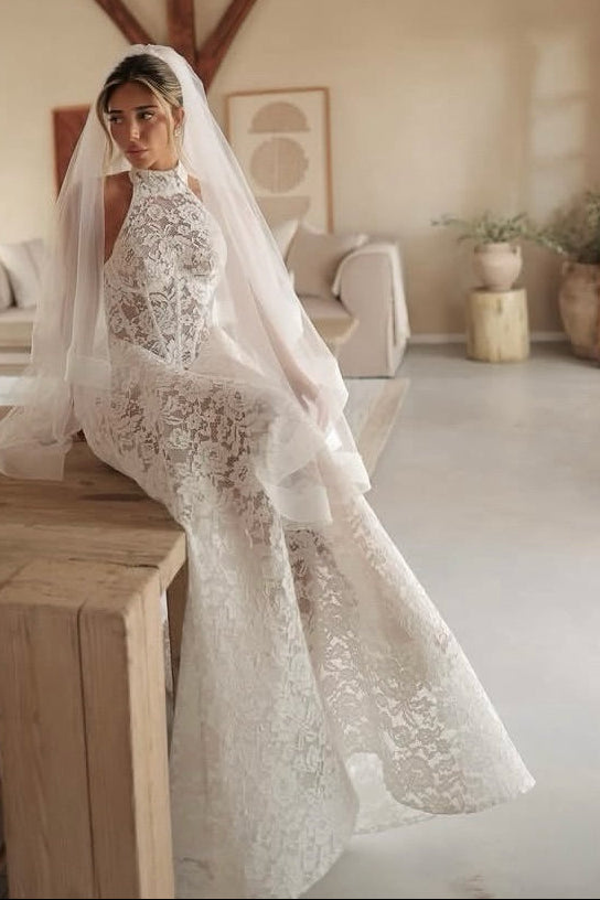 High-Neck Lace Wedding Dress with Train
