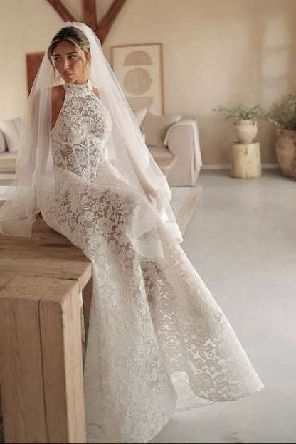 High-Neck Lace Wedding Dress with Train