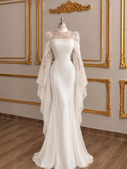 High Neck Mermaid Wedding Dress with Draped Sleeves